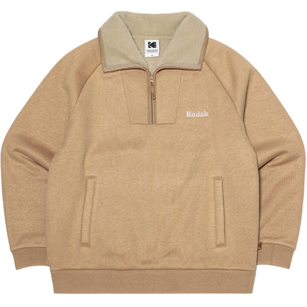 Brownie Semi-Oversized Light Warm Fleece Half-Zip Sweatshirt BEIGE